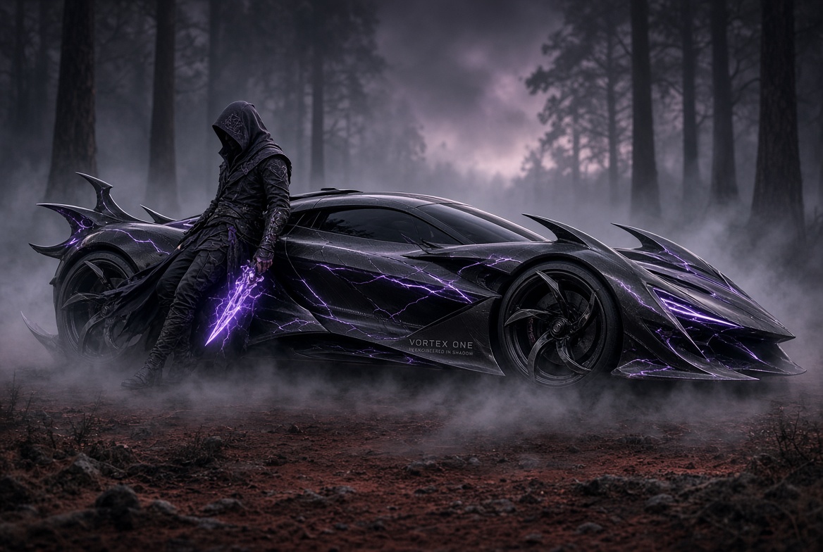 Hooded figure with a glowing purple dagger leaning against a black armored hypercar crackling with purple lightning