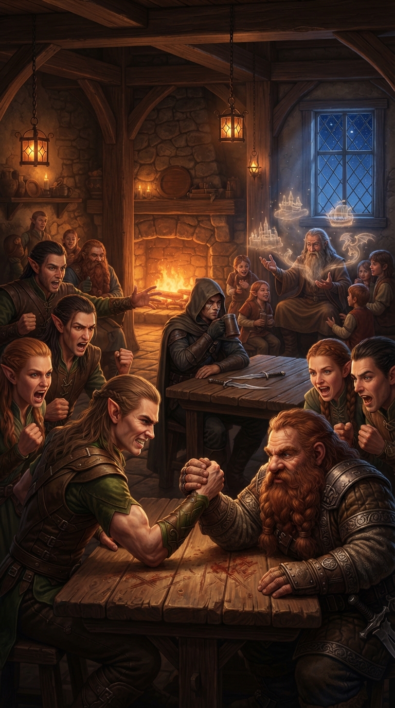 Elf and dwarf arm wrestling in a crowded fantasy tavern while an old wizard conjures glowing illusions