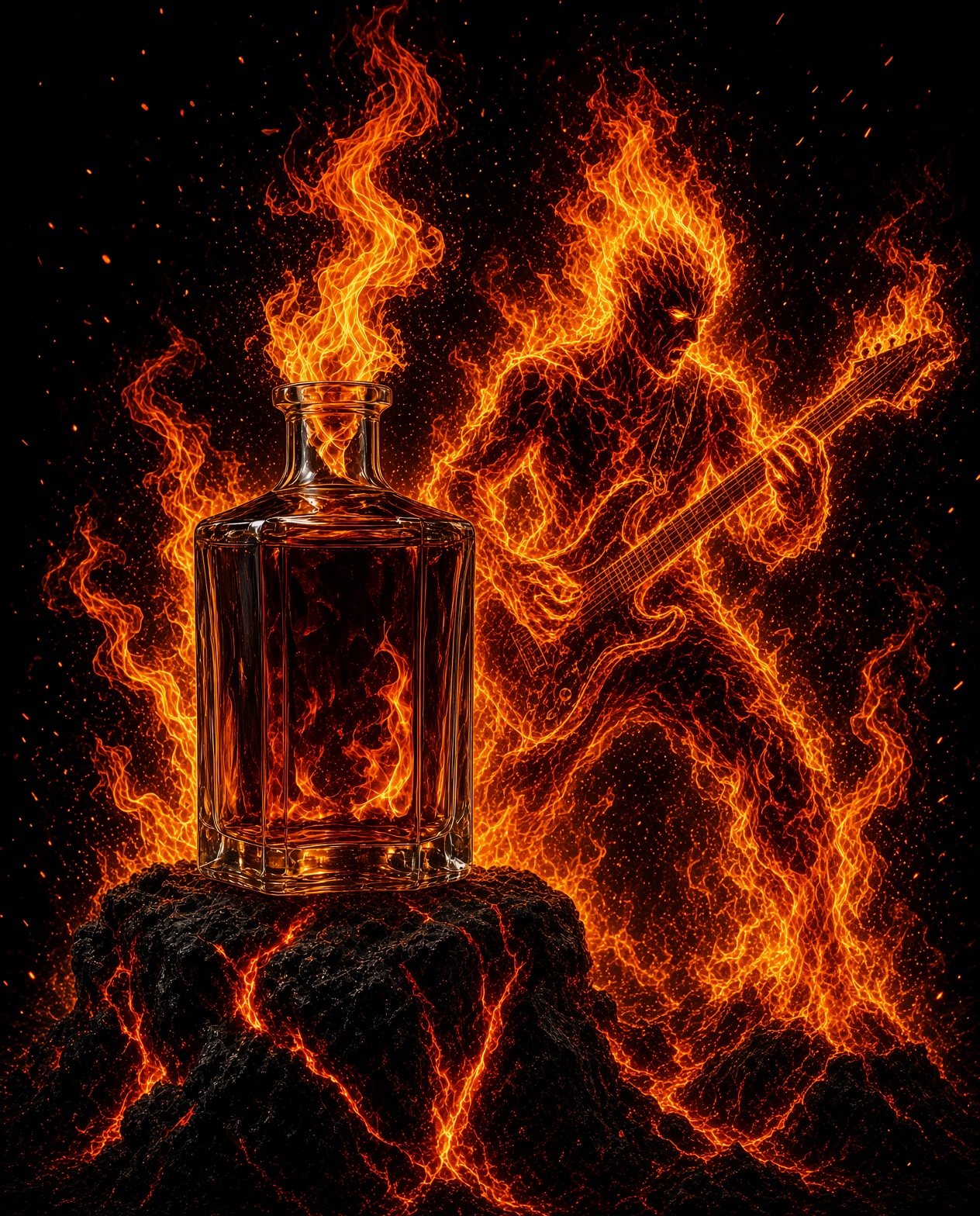 Figure made of fire playing guitar beside a burning bottle