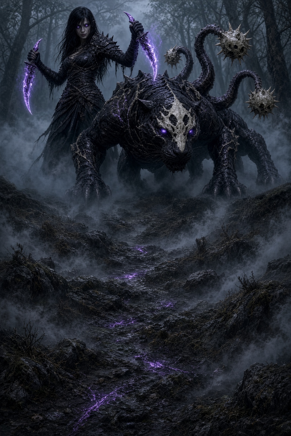 Armored woman with glowing purple daggers standing beside a massive bone-masked beast in a misty forest