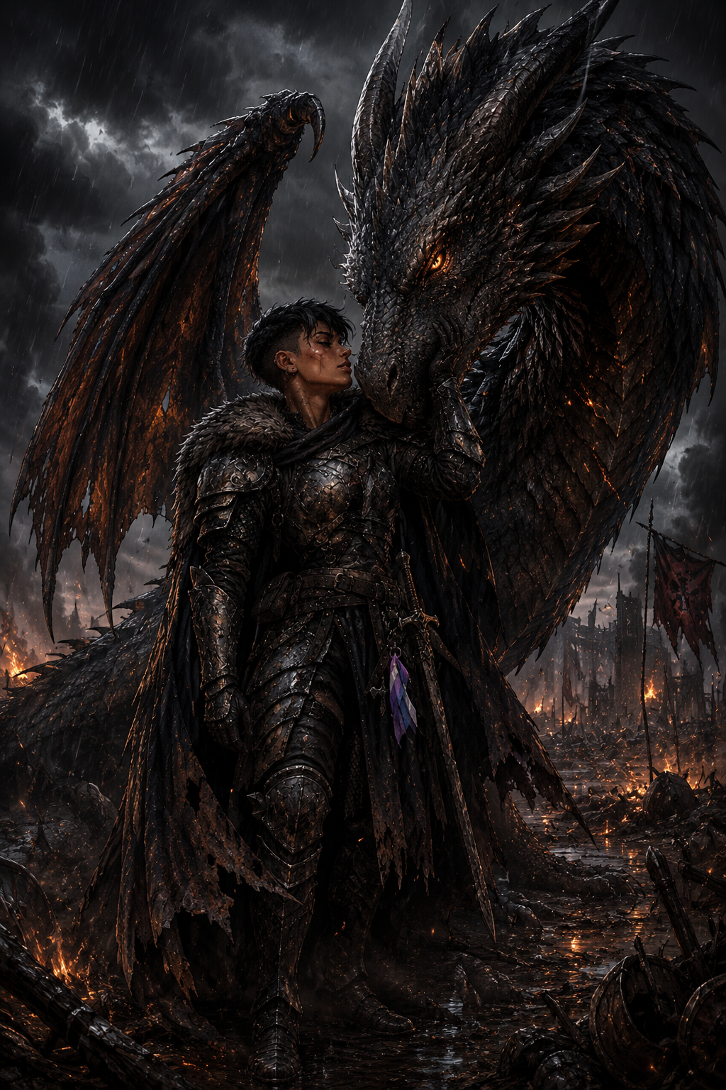 Armored warrior resting her forehead against a massive black dragon on a smoldering battlefield under a stormy sky