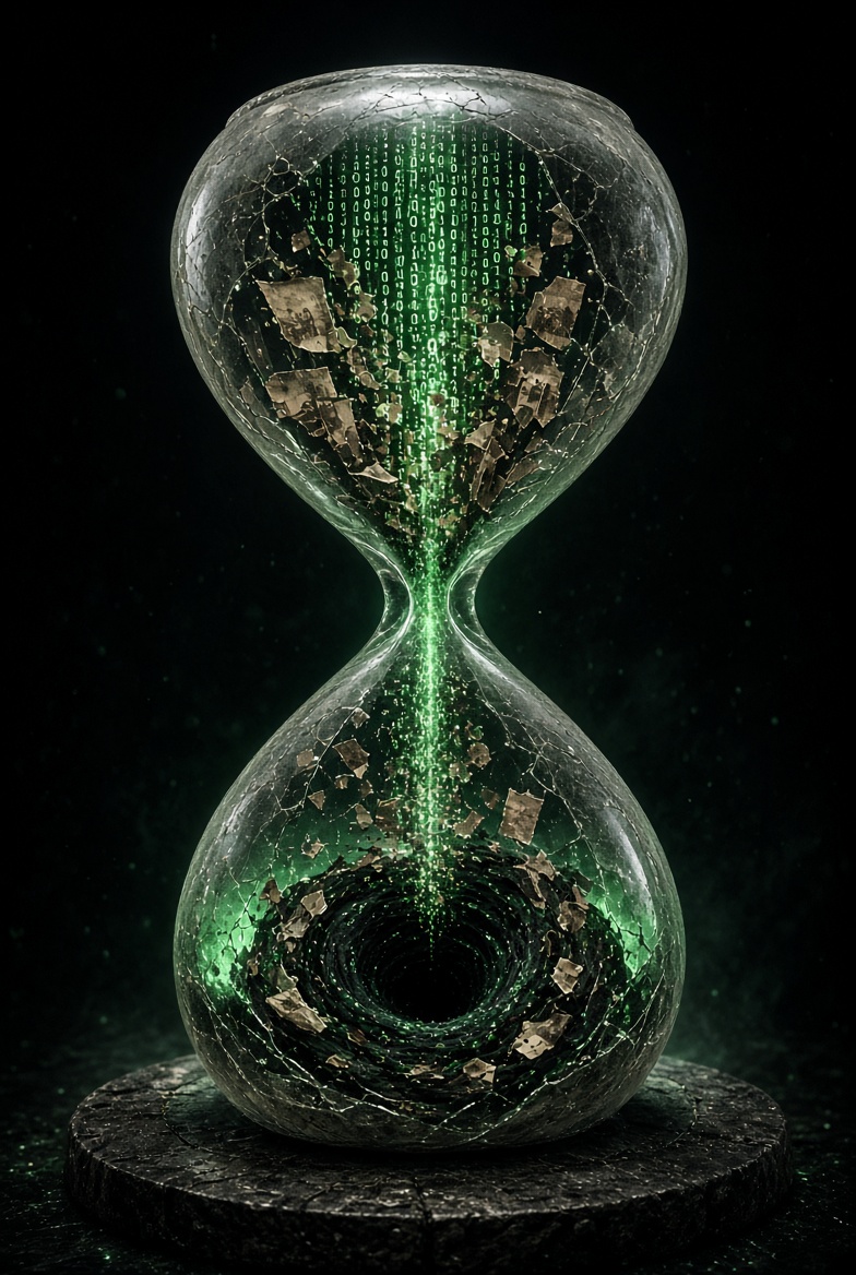 Cracked hourglass with green digital code falling through a black void at its center