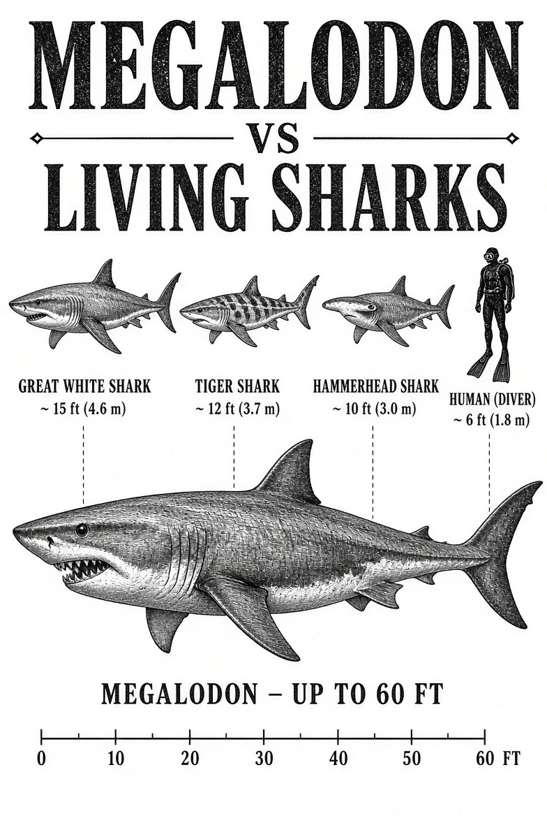 Size comparison chart of a megalodon against living sharks