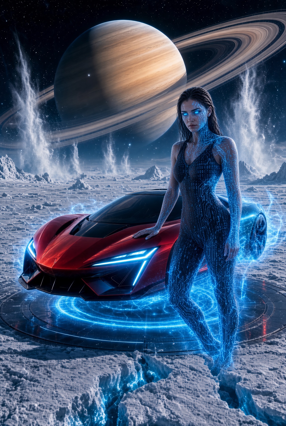 Circuit-skinned woman standing beside a car with Saturn overhead