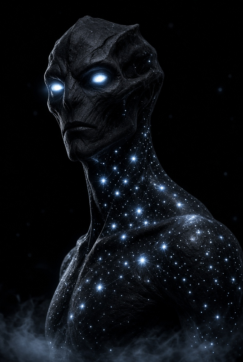 Dark alien figure with glowing white eyes and a starfield of light scattered across its skin
