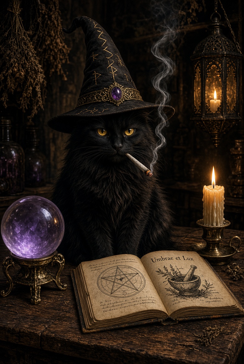 Black cat in a witch's hat smoking a cigarette beside a crystal ball and spellbook