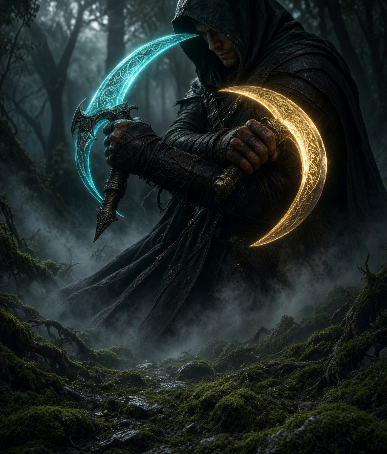 Hooded figure wielding a glowing teal crescent blade and a glowing gold crescent blade