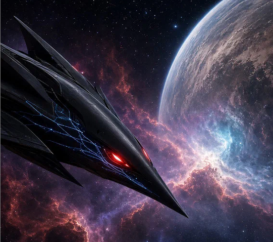 Sharp black bird-like starship with glowing red eye and blue circuitry, hovering near a nebula and planet