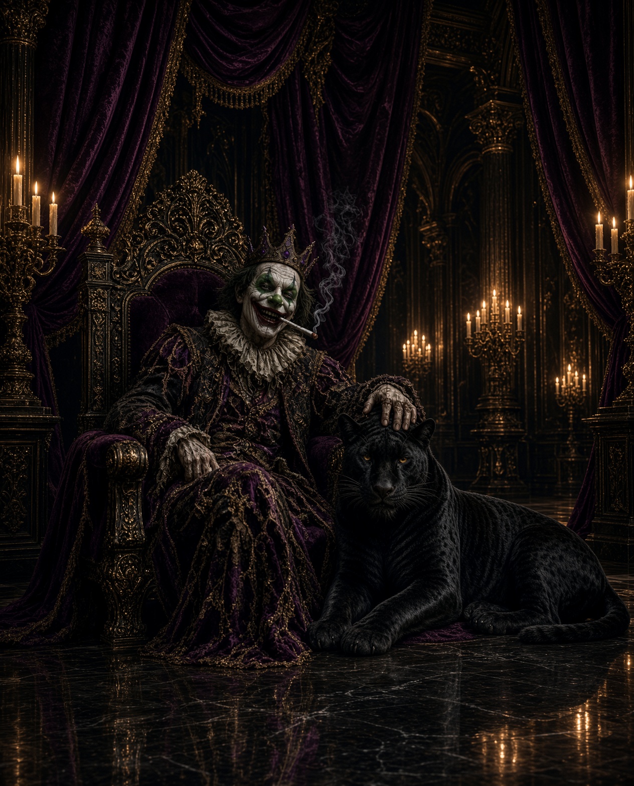 Crowned clown smoking a cigarette on a velvet throne beside a black panther