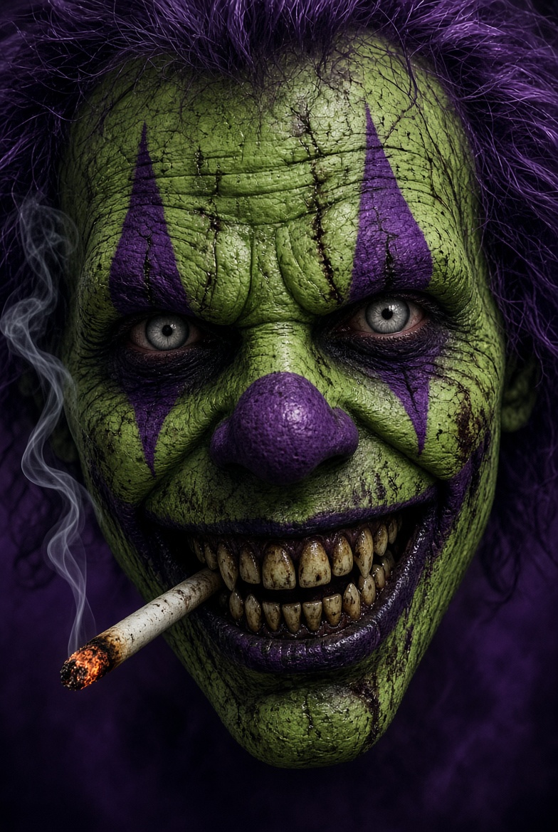 Menacing green-faced clown with purple diamond makeup and a lit cigarette