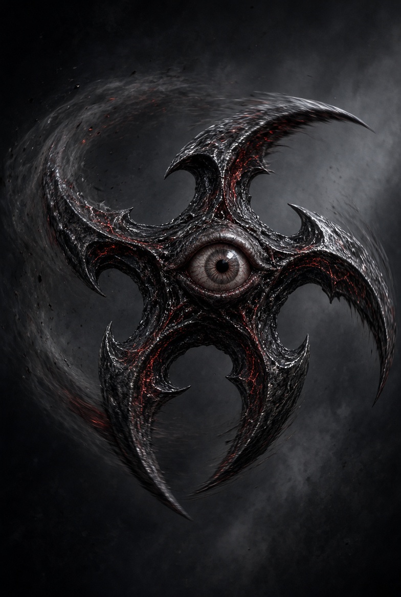 Four-bladed obsidian throwing star with a living eye at its center