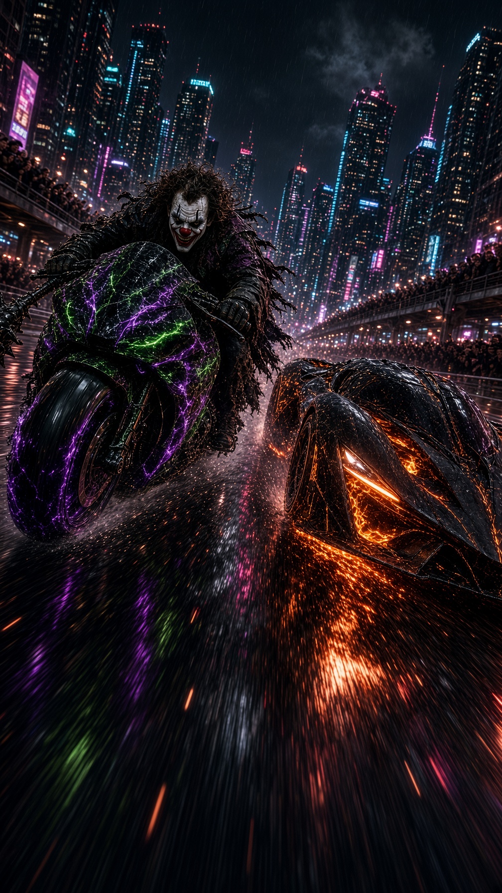 Wild-haired clown riding a lightning-veined motorcycle through a neon-lit rainy city at night