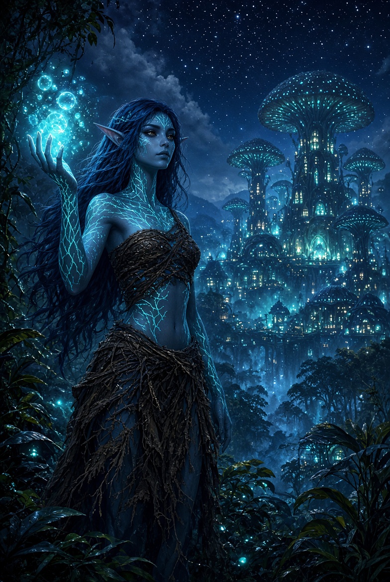 Glowing blue elf with luminescent veins standing before a bioluminescent mushroom city at night