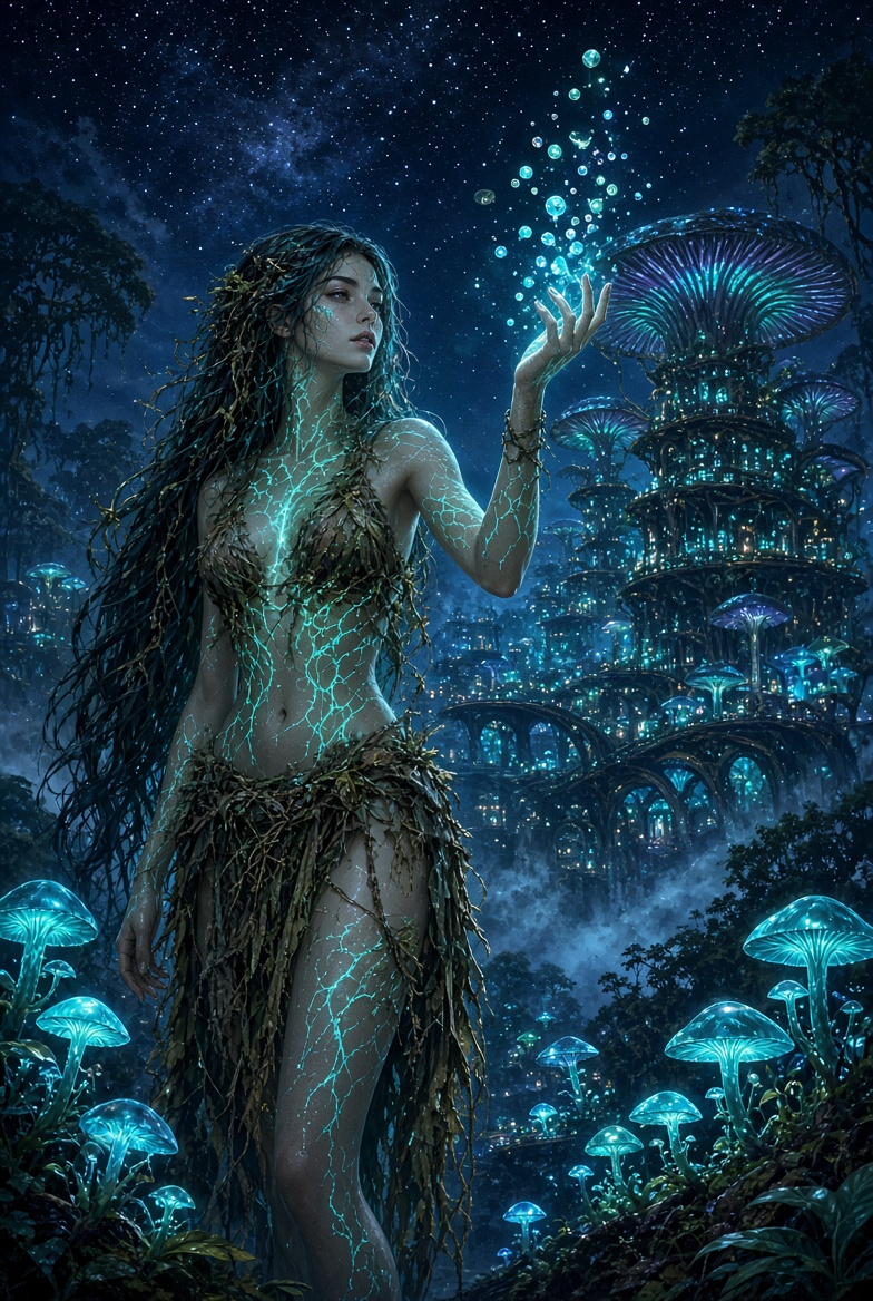 Glowing vine-veined forest woman conjuring light orbs before a bioluminescent mushroom city