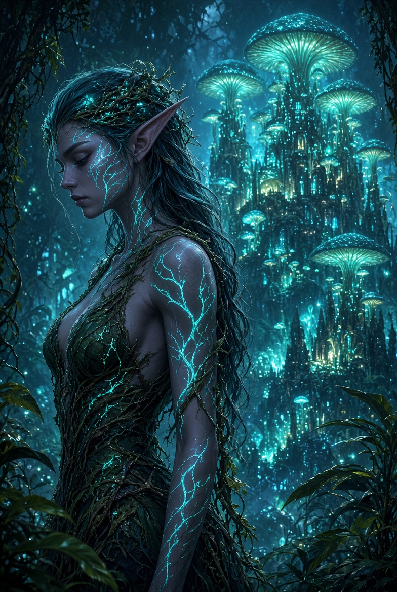 Elf with glowing vine veins and a leafy crown in profile before a towering bioluminescent mushroom city