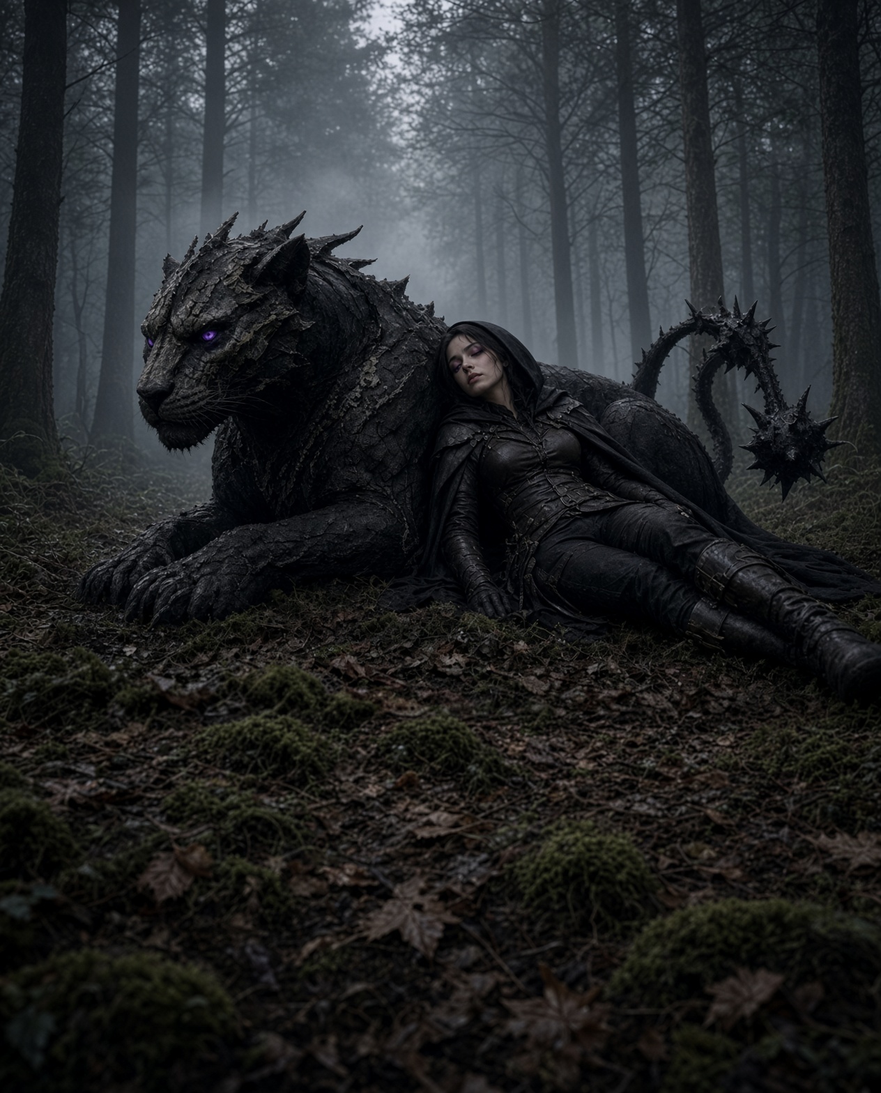 Hooded woman resting against a stone-armored panther with a spiked tail in a misty forest