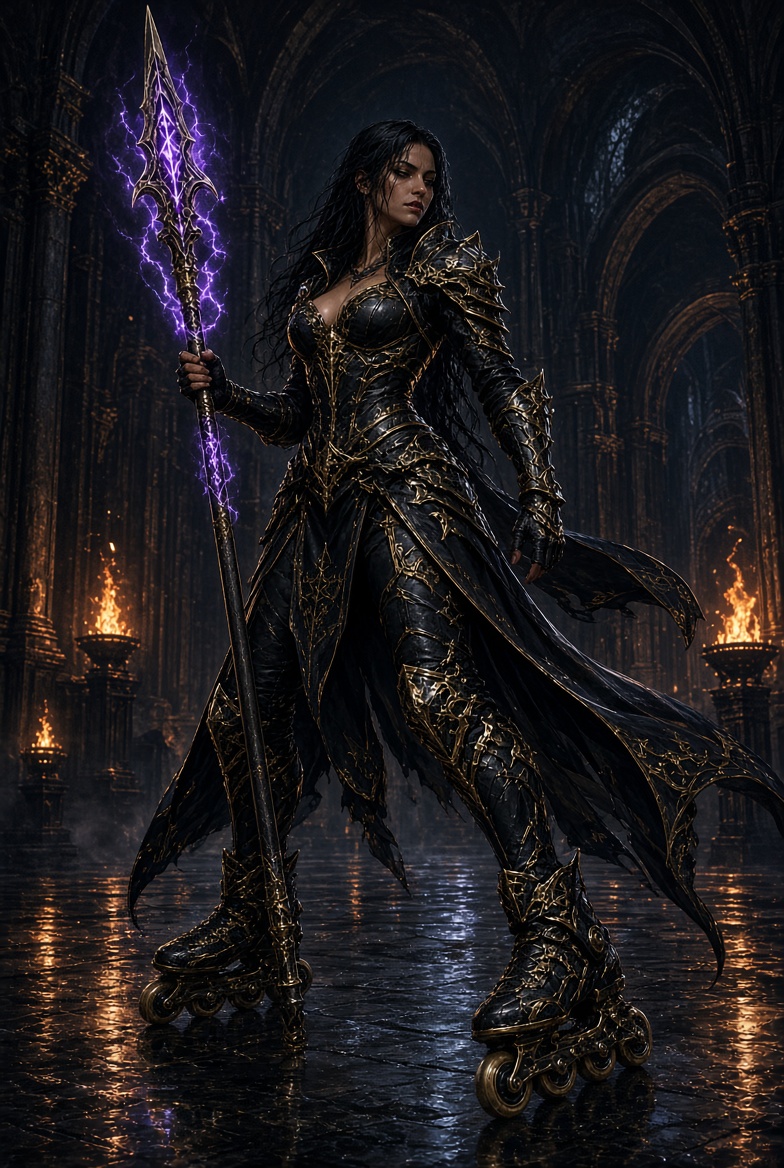 Armored woman on roller skates wielding a lightning-charged spear in a dark cathedral