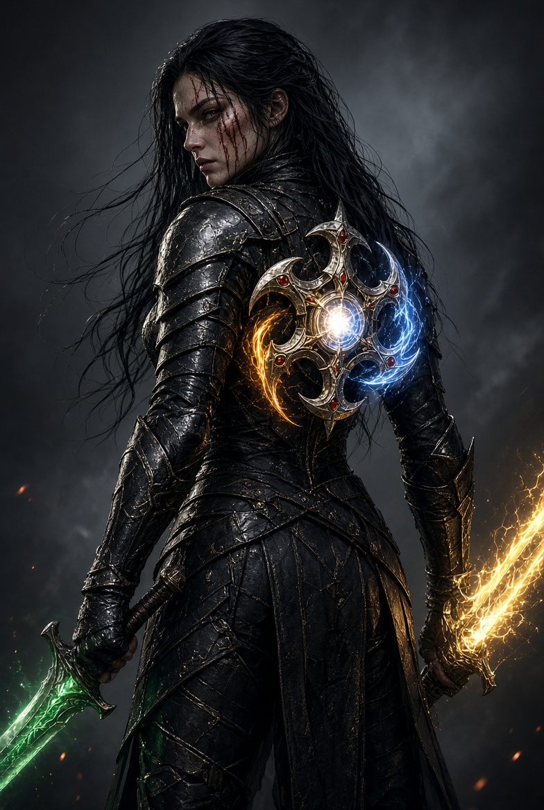 Armored warrior glancing back over her shoulder, dual glowing swords drawn, a radiant emblem set into her armor