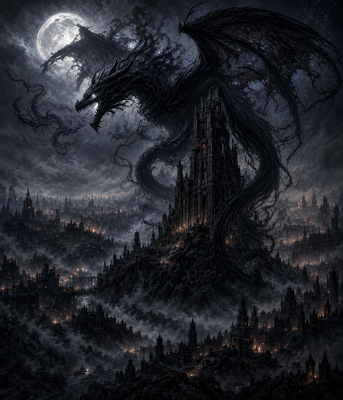 Massive shadow dragon coiled around a gothic spire above a moonlit ruined city