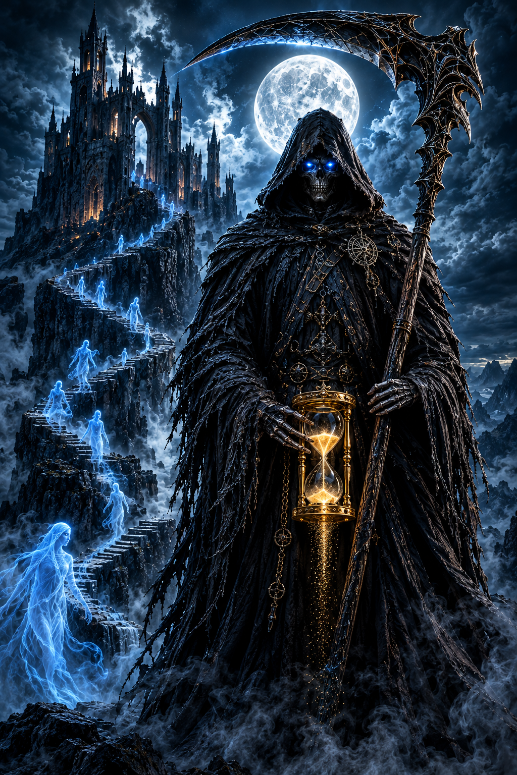 Hooded Grim Reaper holding a scythe aloft and a glowing hourglass, standing before a cliffside castle with spirits climbing a stairway under a full moon
