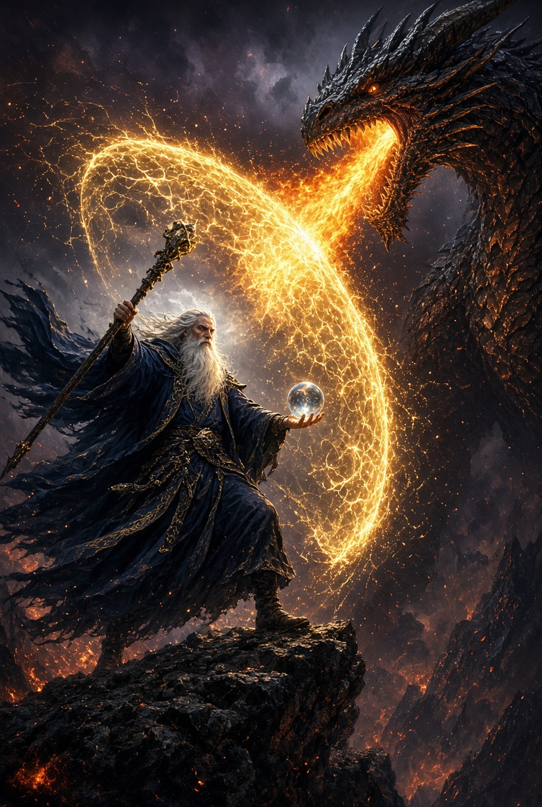 Wizard on a cliff blocking a dragon's fire breath with a glowing golden shield